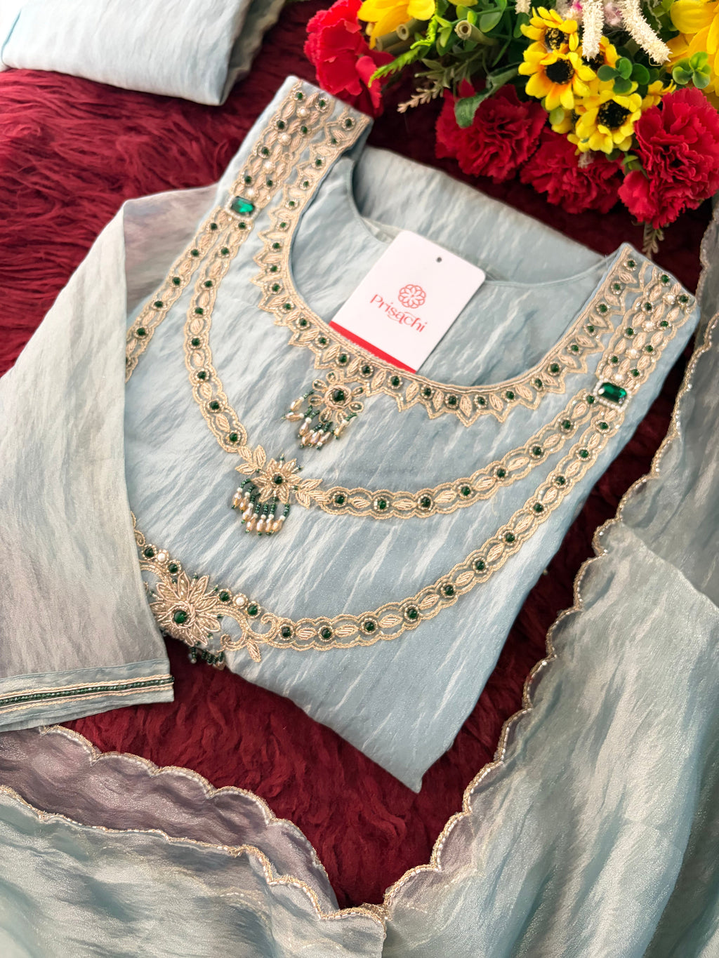 Sky Blue Zardozi Embroidered Ethnic A-Line Kurta Set for Women with Pants & Dupatta