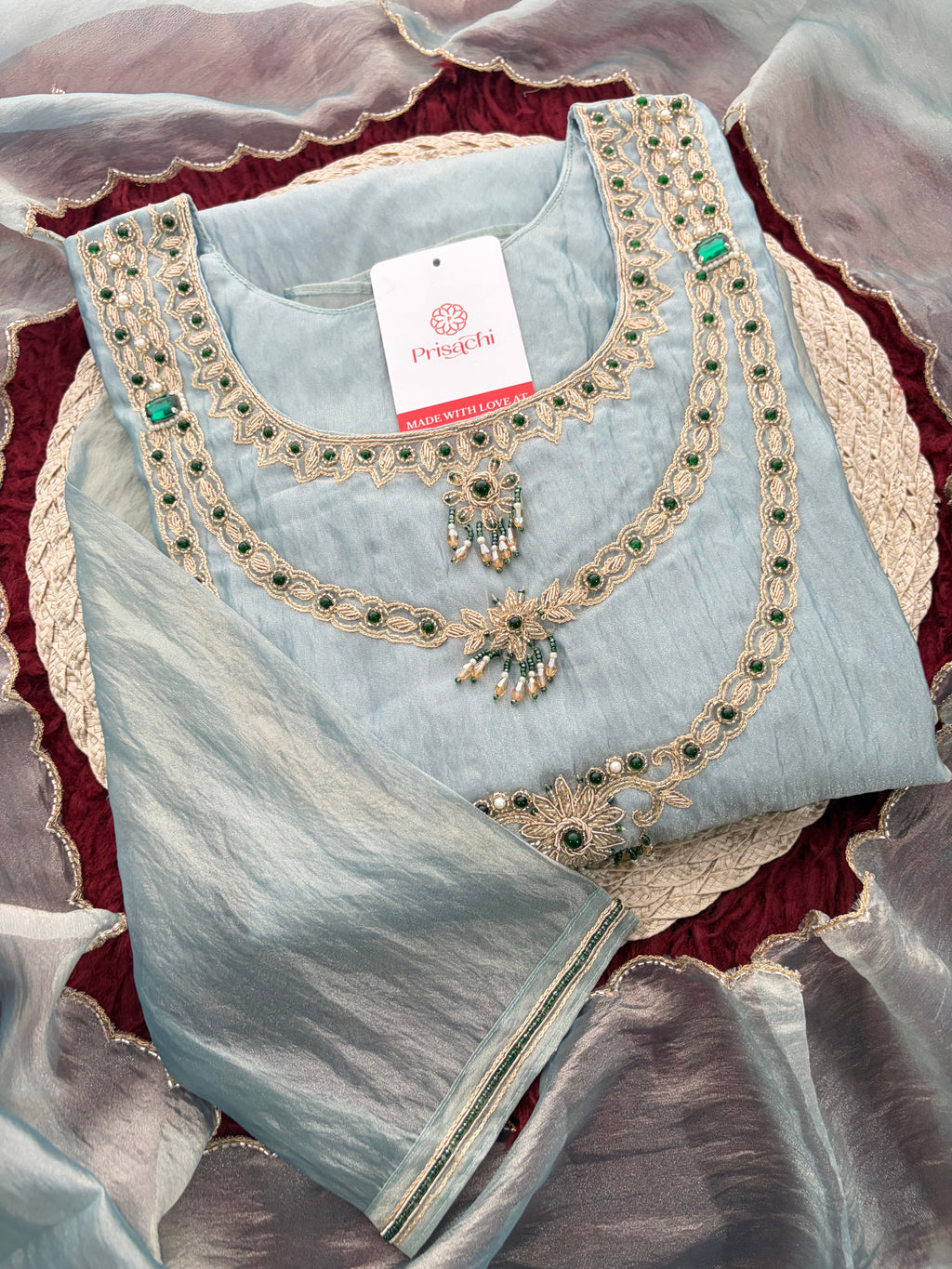 Sky Blue Zardozi Embroidered Ethnic A-Line Kurta Set for Women with Pants & Dupatta