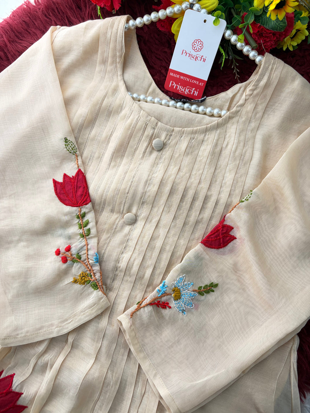 Beige Thread Embroidered A-Line Ethnic Kurta Set with Dupatta & Pants