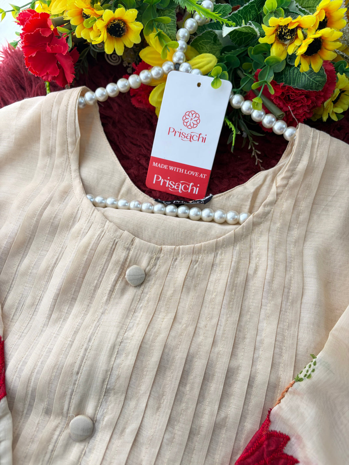 Beige Thread Embroidered A-Line Ethnic Kurta Set with Dupatta & Pants