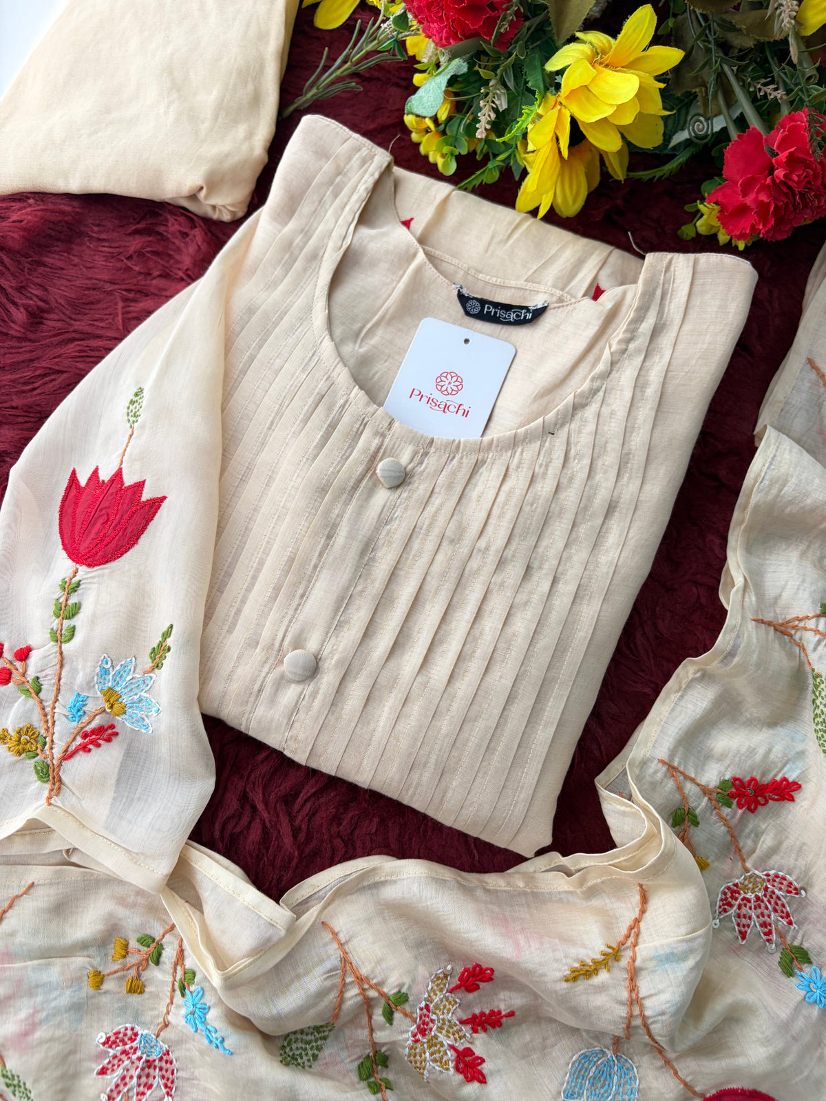 Beige Thread Embroidered A-Line Ethnic Kurta Set with Dupatta & Pants