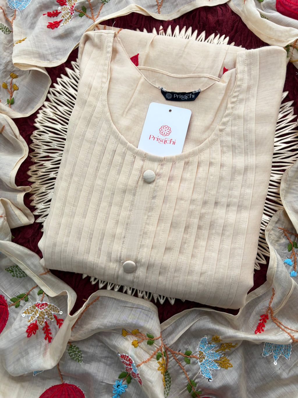 Beige Thread Embroidered A-Line Ethnic Kurta Set with Dupatta & Pants