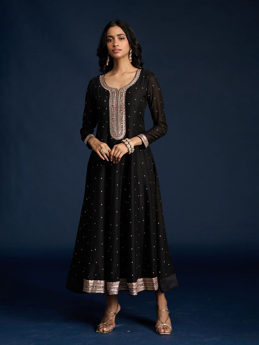 Black Embroidered Ethnic Anarkali Suit for Women with Red Floral Dupatta