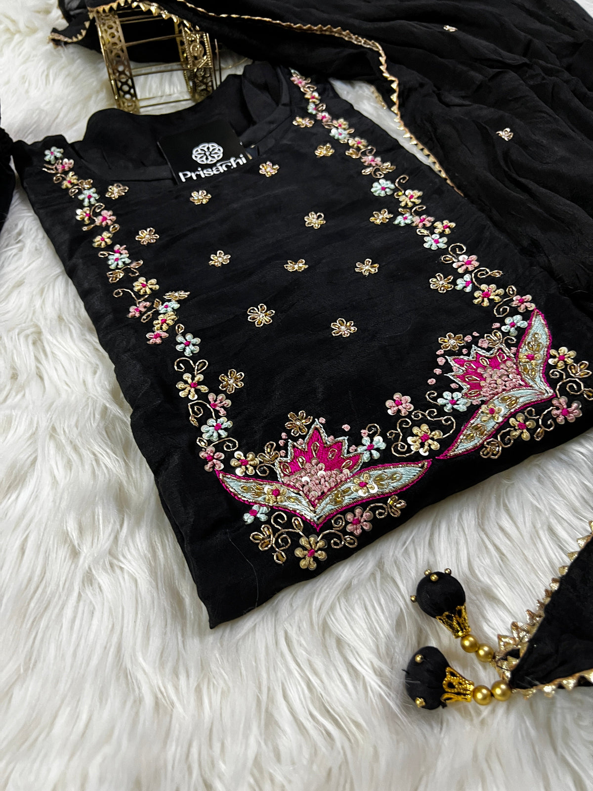 Wine embroidered chanderi silk kurta set with dupatta
