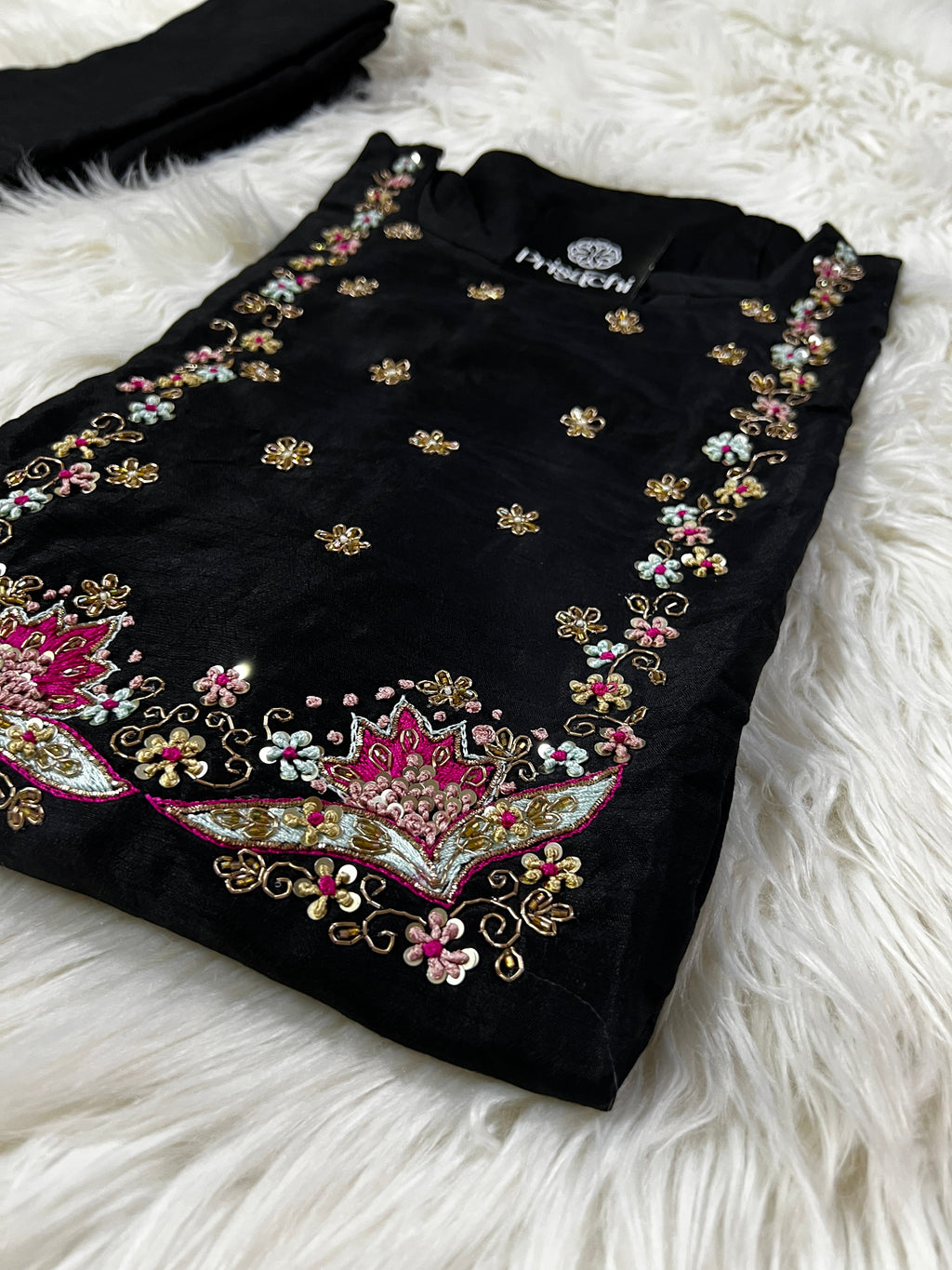 Black embroidered cotton silk kurta set with dupatta