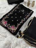 Black embroidered cotton silk kurta set with dupatta