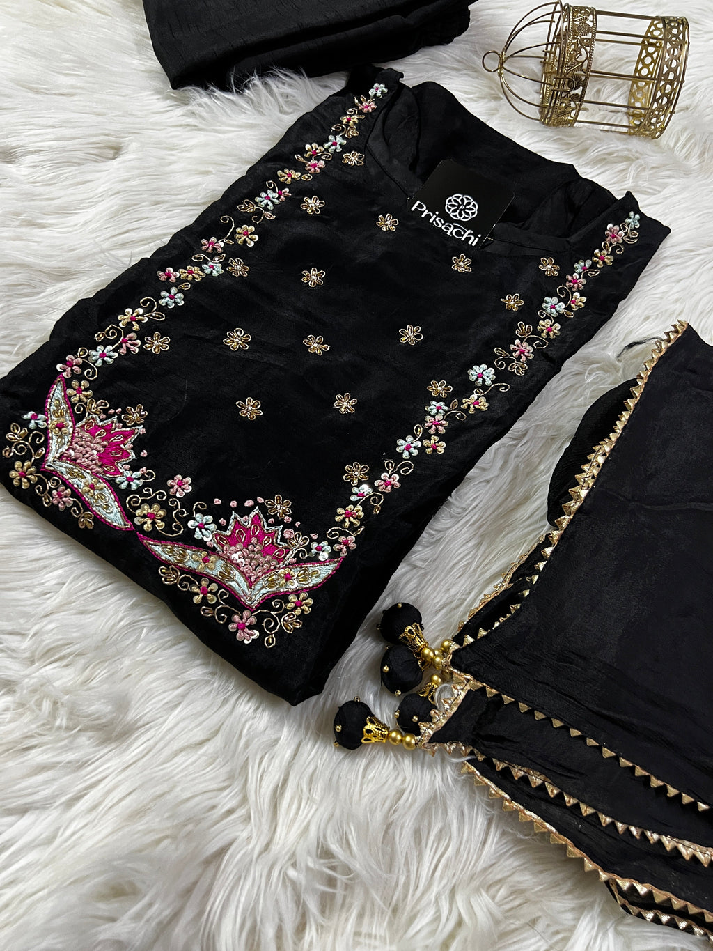 Wine embroidered chanderi silk kurta set with dupatta