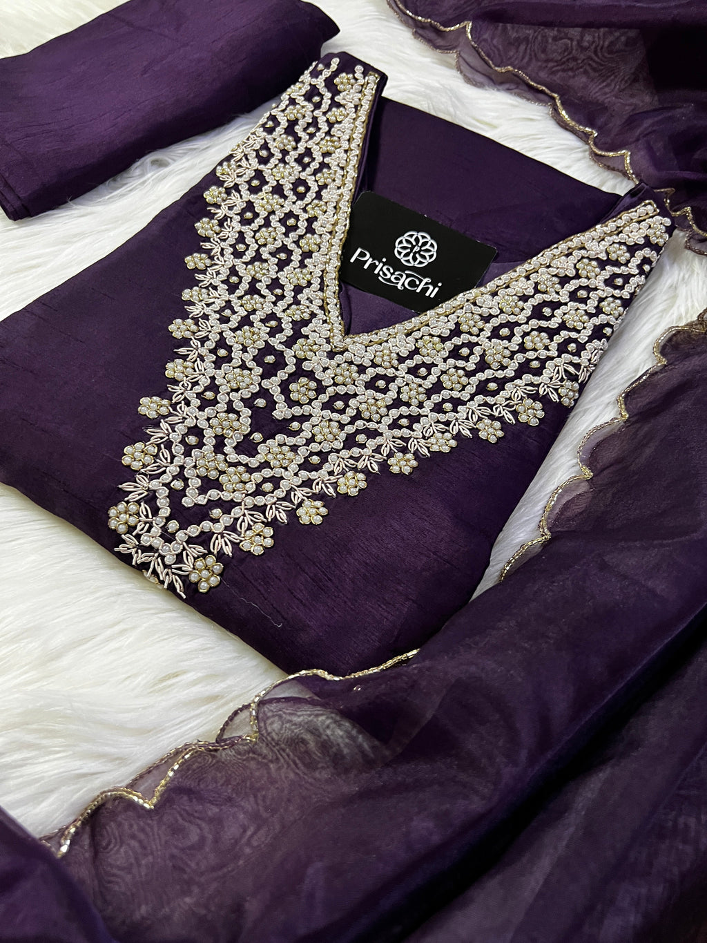 Purple neck embroidered kurta set with dupatta
