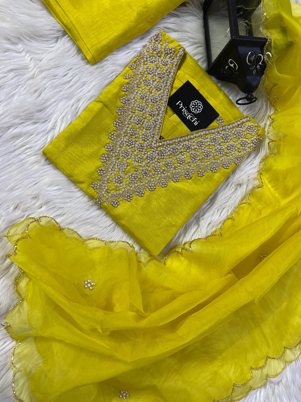 Yellow neck embroidered kurta set with dupatta