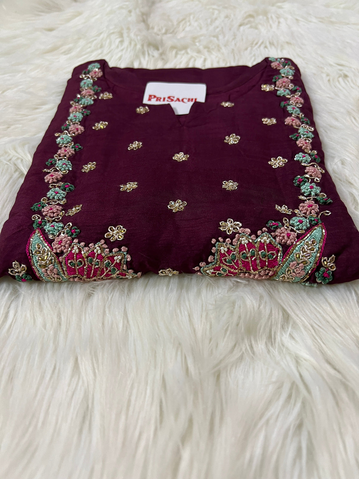 Wine embroidered chanderi silk kurta set with dupatta
