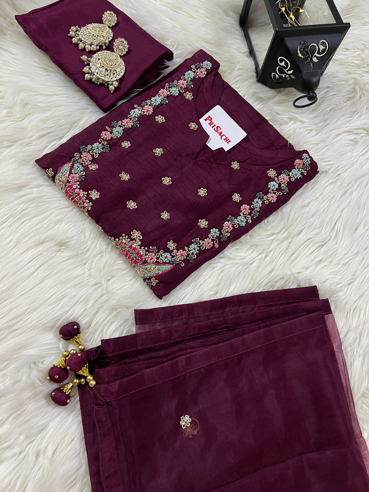 Wine embroidered chanderi silk kurta set with dupatta