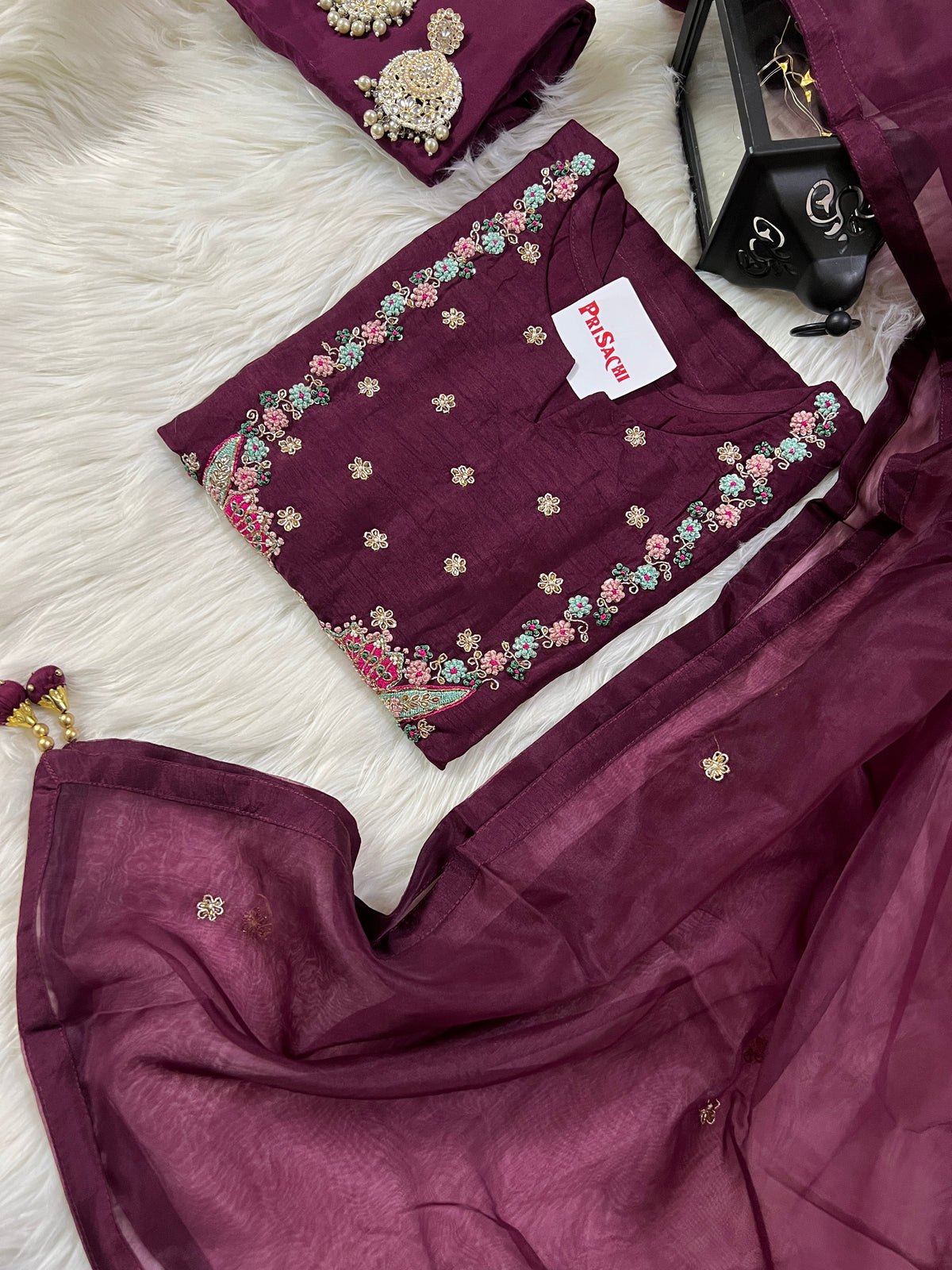 Wine embroidered chanderi silk kurta set with dupatta