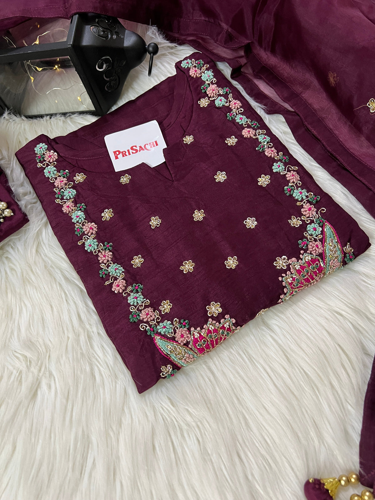 Wine embroidered chanderi silk kurta set with dupatta