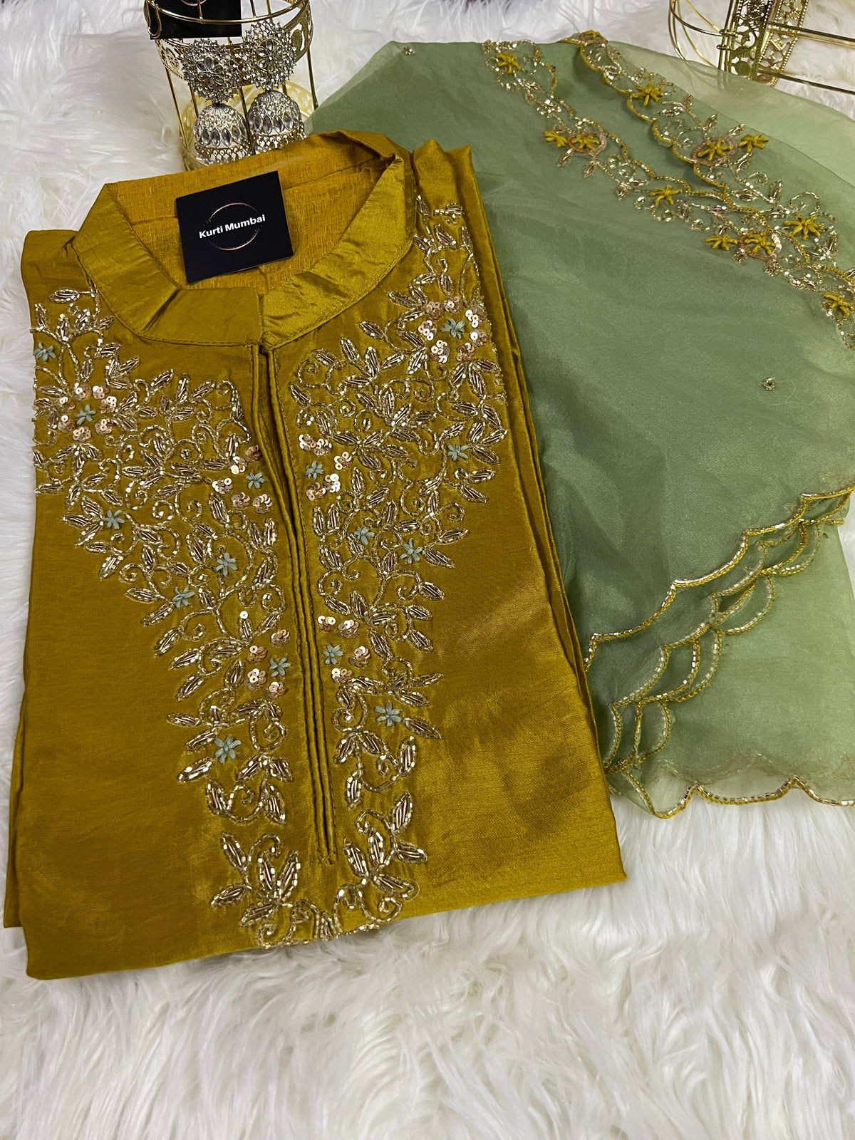 yellow embroidered kurta pant with dupatta